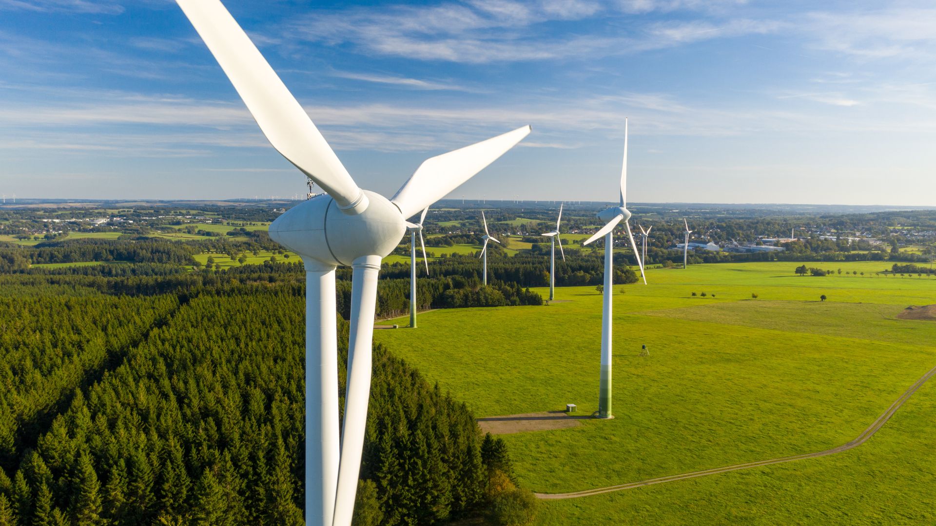 A row of wind turbines in green fields with forests behind them