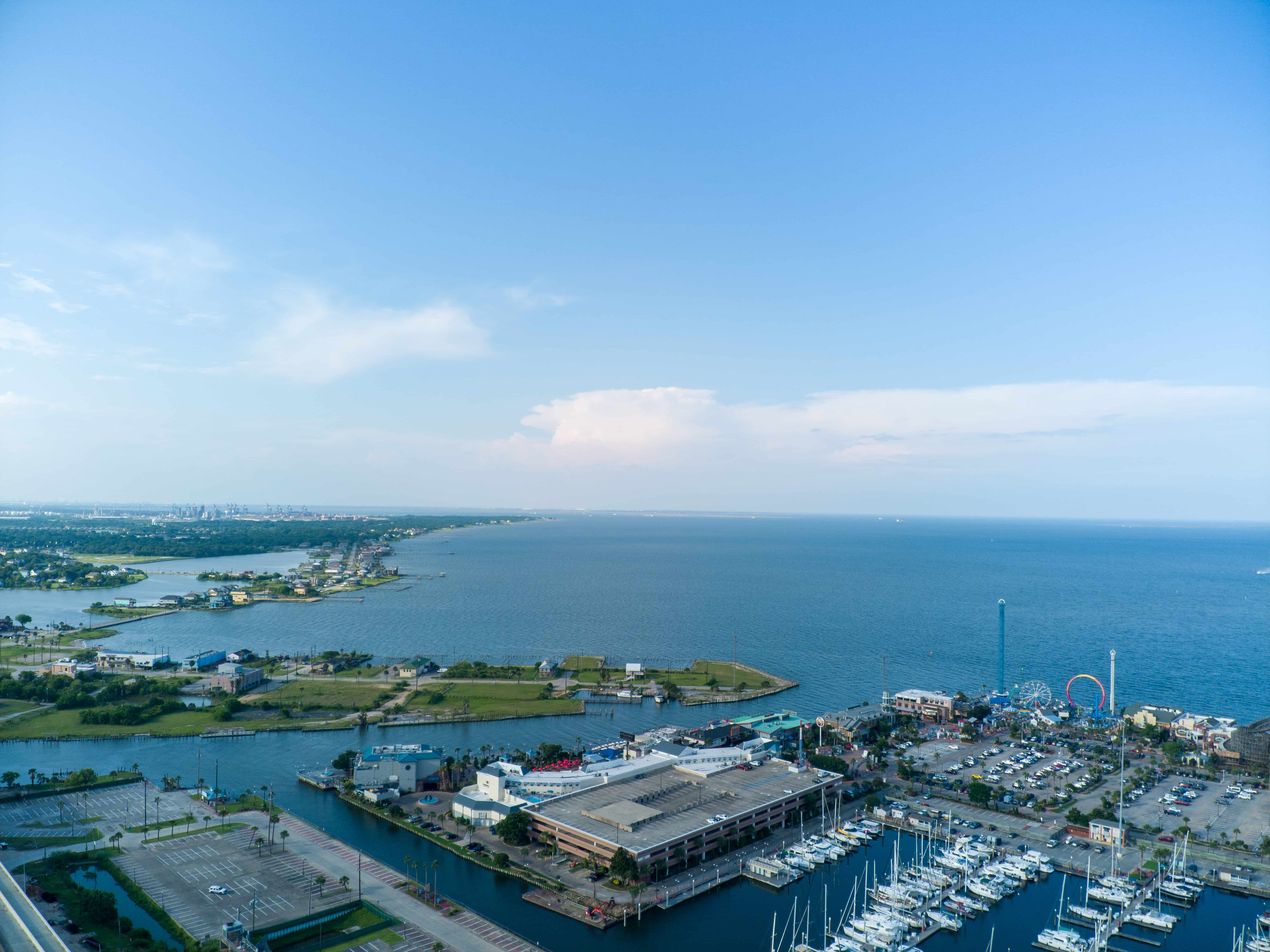 Aerial view of a harbor in Galveston, Texas, in the United States.