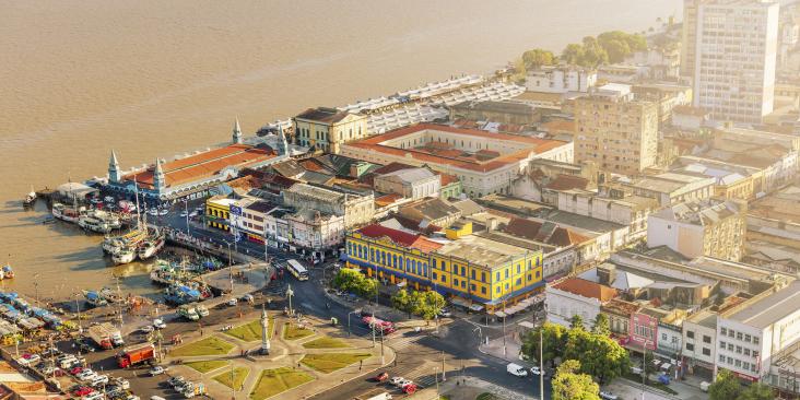 Overhead view of seaside buildings in Belém.